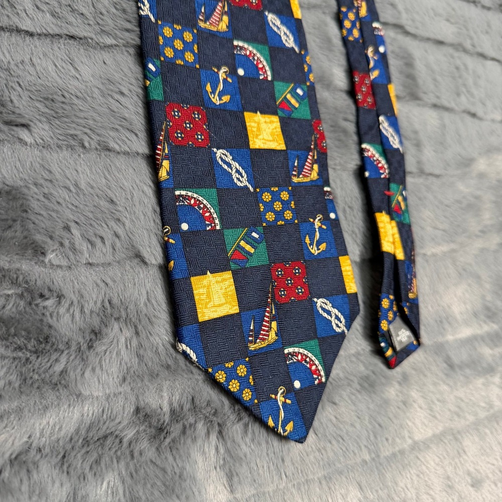 Keeler Bay Silk Necktie Mens OS Navy Blue Nautical Sailboat Anchor Patchwork USA